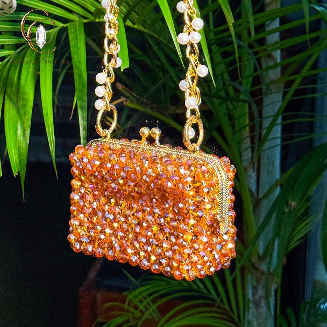 Glass Crystal Beaded Kiss Lock Clutch Pearl Chain Evening Wedding Party Handbag