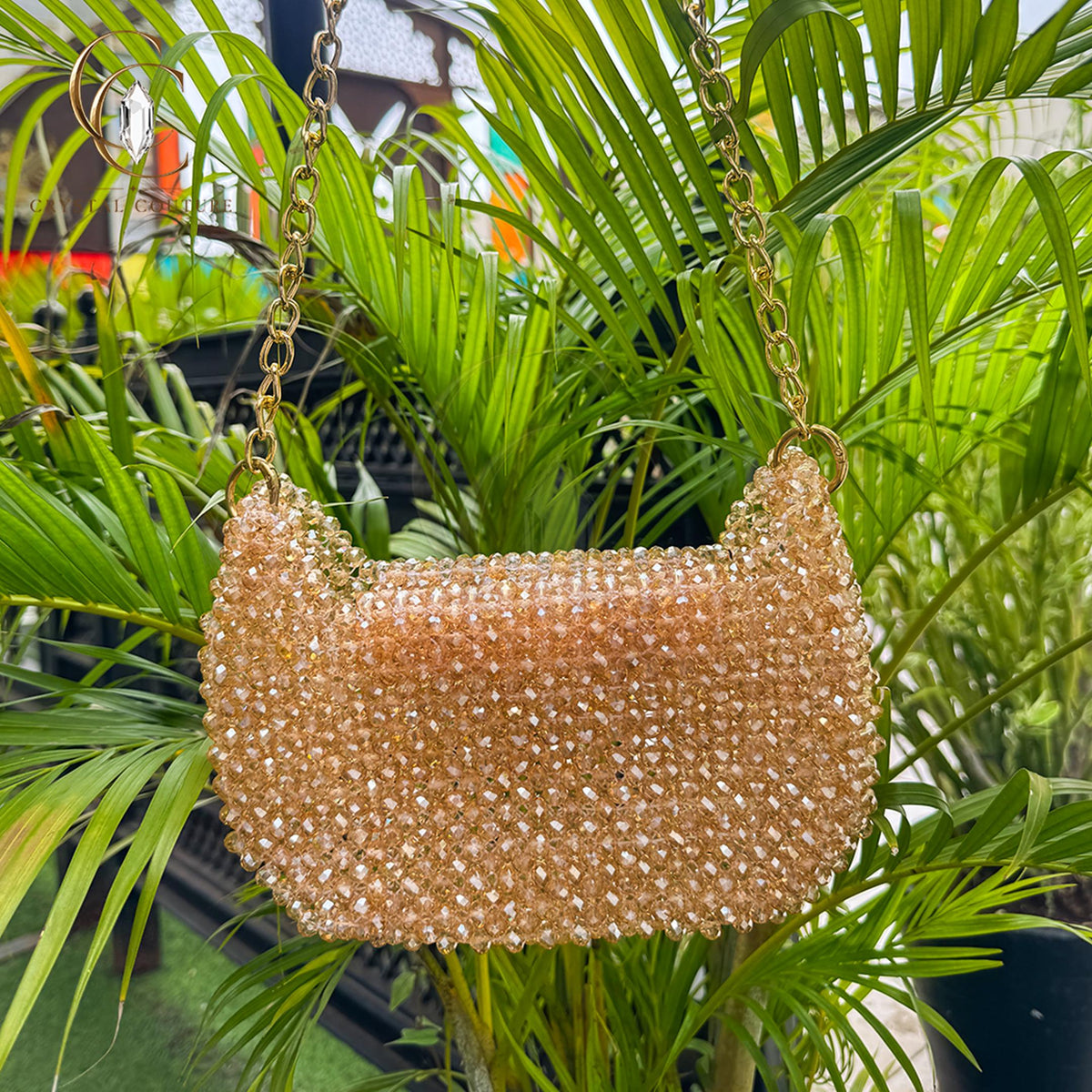 Faceted Glass Crystal Beaded Shoulder Bag: Champagne Gold Evening Purse, Wedding Sling Handbag