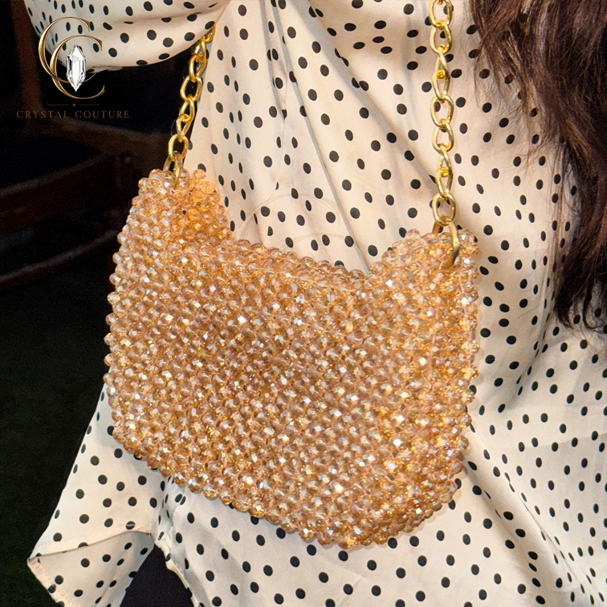 Faceted Glass Crystal Beaded Shoulder Bag: Champagne Gold Evening Purse, Wedding Sling Handbag
