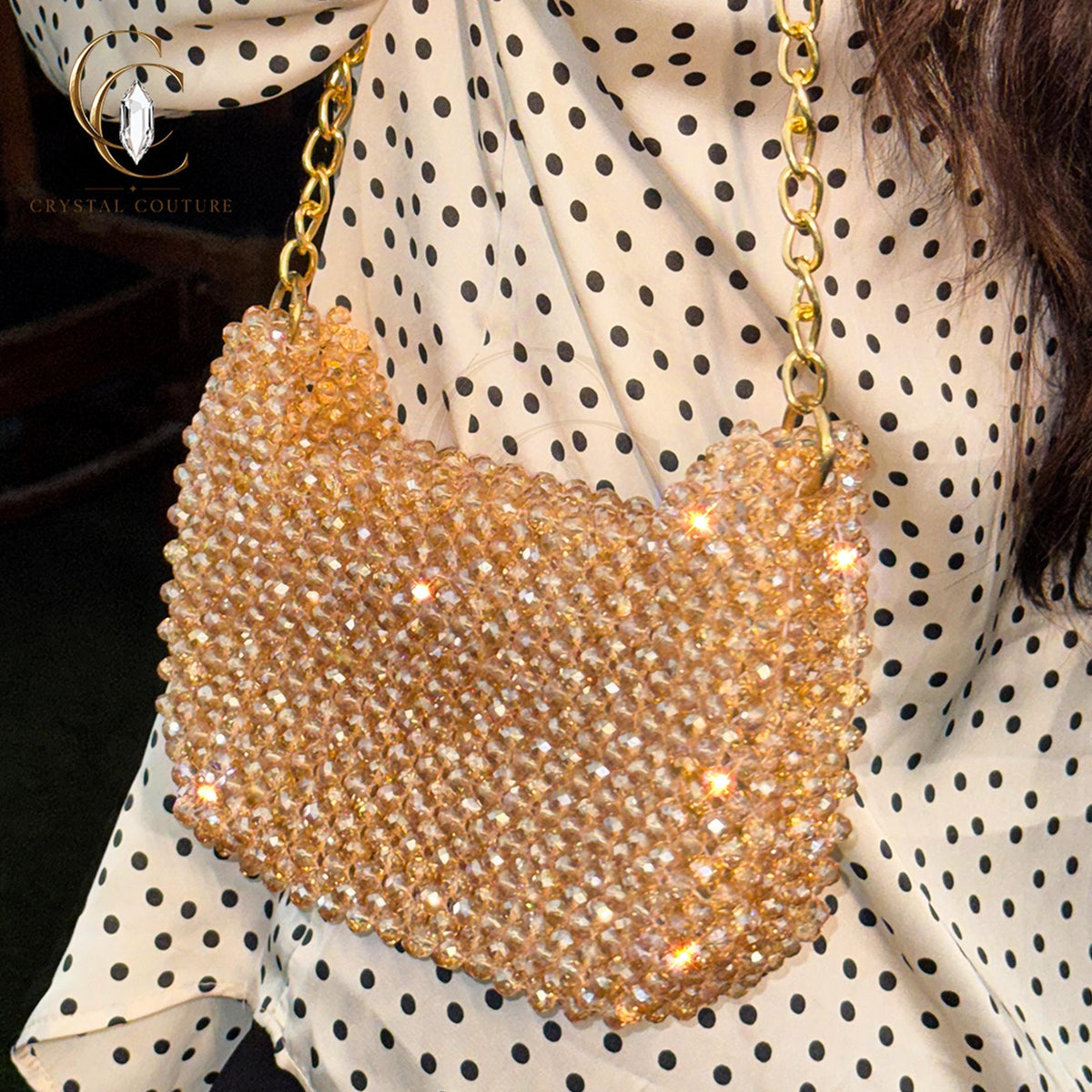 Faceted Glass Crystal Beaded Shoulder Bag: Champagne Gold Evening Purse, Wedding Sling Handbag