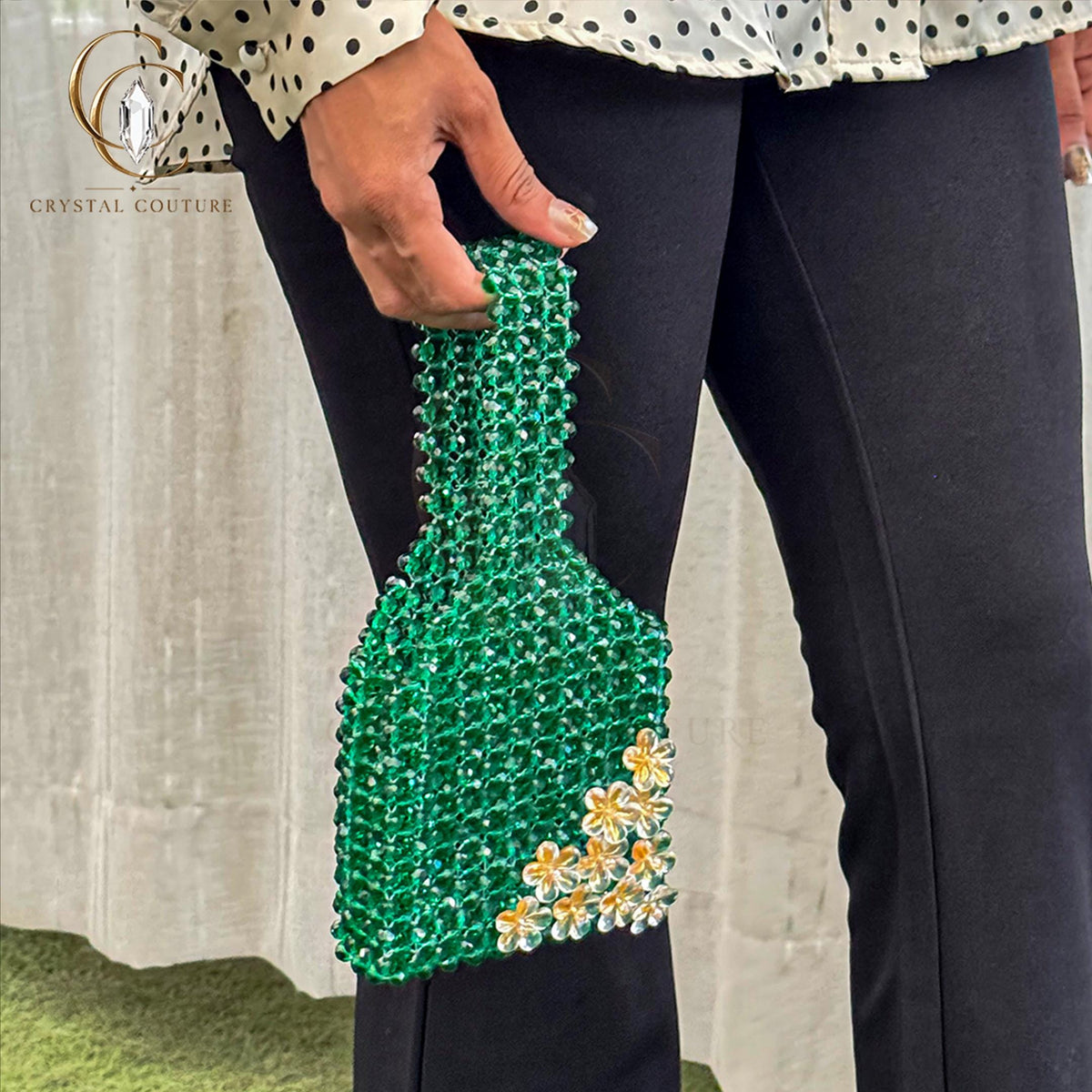 Emerald Green Crystal Beaded Handbag, Gold Floral Evening Purse, Statement Shoulder Bag