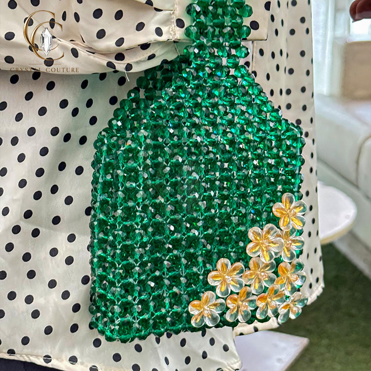 Emerald Green Crystal Beaded Handbag, Gold Floral Evening Purse, Statement Shoulder Bag