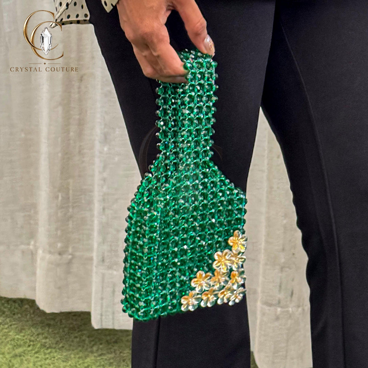 Emerald Green Crystal Beaded Handbag, Gold Floral Evening Purse, Statement Shoulder Bag