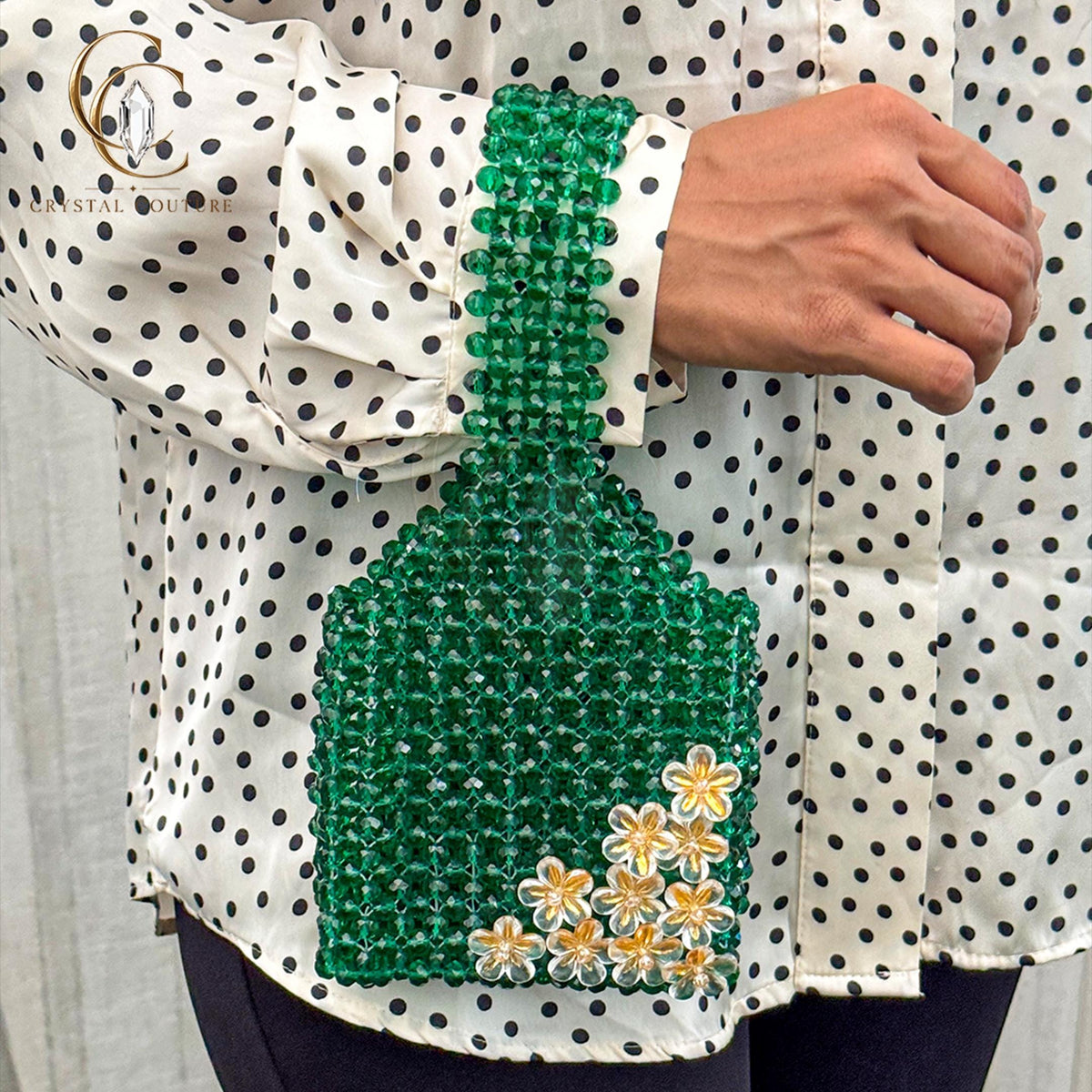 Emerald Green Crystal Beaded Handbag, Gold Floral Evening Purse, Statement Shoulder Bag