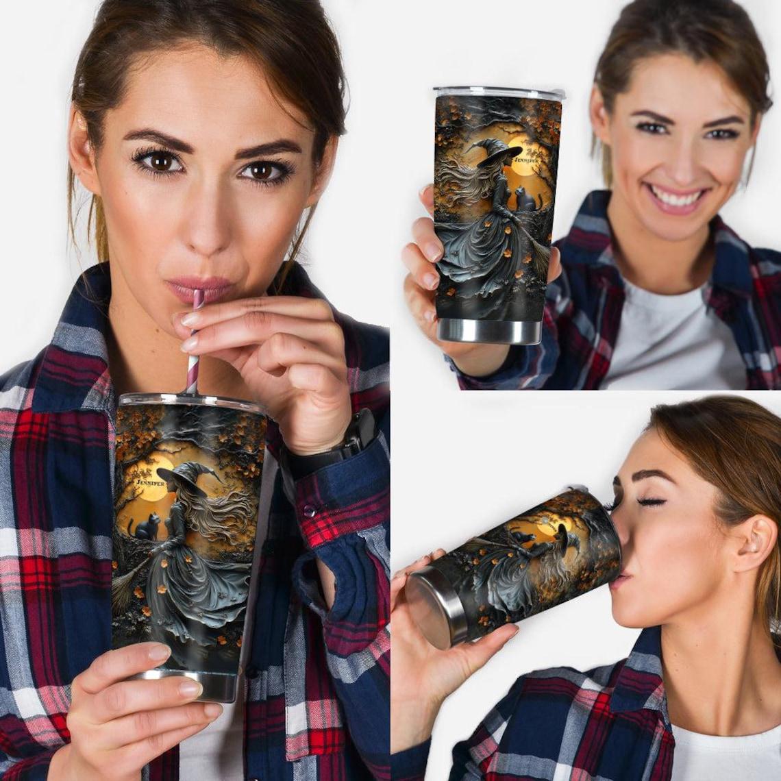 Beautiful Witch Halloween Personalized Witch 20Oz Tumbler, Wiccan Tumbler Oil Paint Effect Witchy Gifts Witchcraft Drinkware Gift for Pagan
