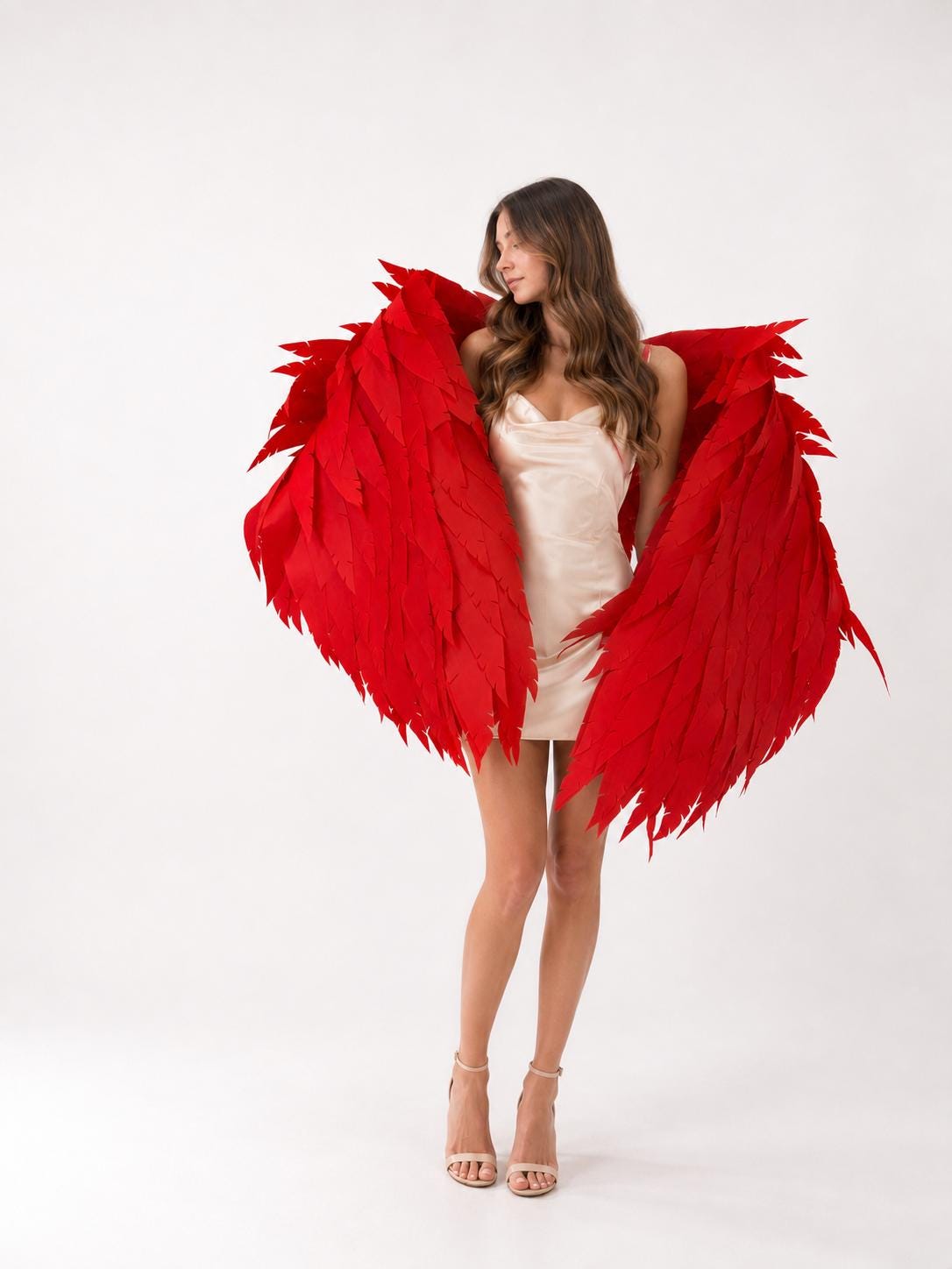 May include: Large, vibrant red feathered wings with a layered, pointed design. The wings are worn over a sleeveless, champagne-colored satin mini dress with a cowl neckline, paired with simple, light-colored strappy high-heeled sandals.