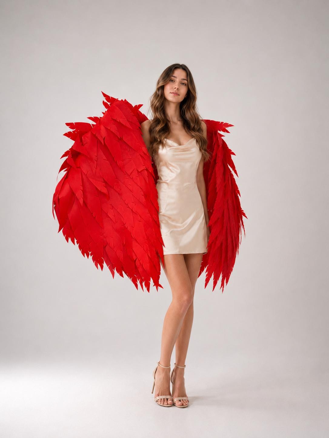 May include: A pair of large, vibrant red wings with layered, feather-like segments attached to a short, sleeveless champagne-colored satin dress with a cowl neckline and thin straps, paired with matching light-colored high-heeled sandals.
