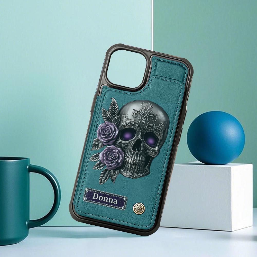 Skull And Roses - Personalized Skull Wallet Phone Case, PU Leather Phone Stand, Gothic Skeleton Phone Cover, Halloween Gift, Christmas Gift
