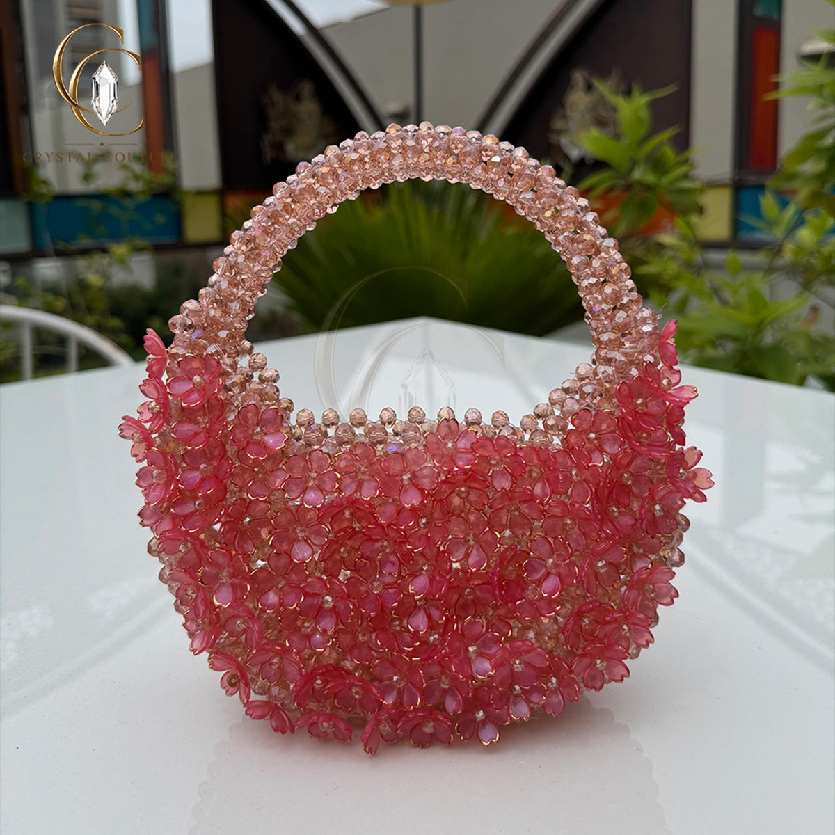 Luxury Pink Crystal Beaded Handbag Floral Glass Bead Evening Purse Wedding Party Bridal Gift