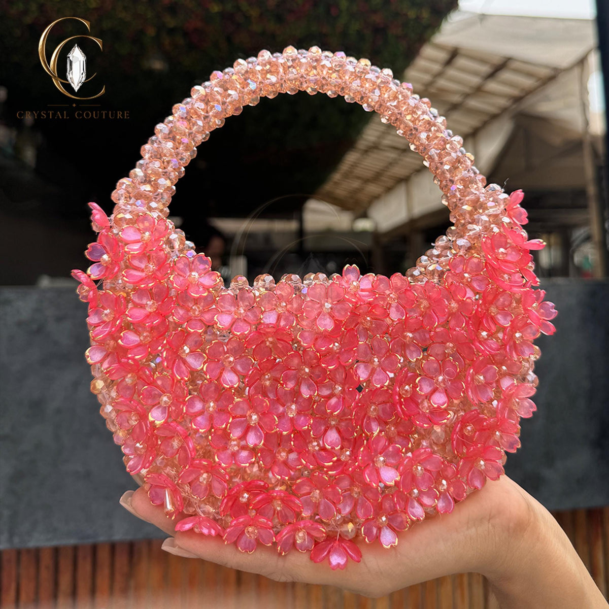 Luxury Pink Crystal Beaded Handbag Floral Glass Bead Evening Purse Wedding Party Bridal Gift