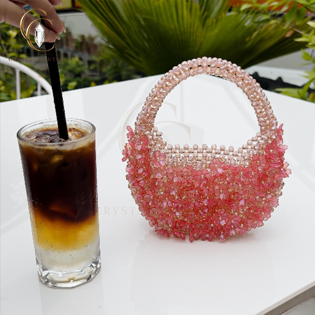 Luxury Pink Crystal Beaded Handbag Floral Glass Bead Evening Purse Wedding Party Bridal Gift