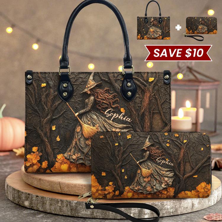 Personalized Witch Bag & Wallet Set, Custom Gothic Witch Purse and Leather Wallet, Witch Halloween Gift for Women, Spooky Fall Accessories