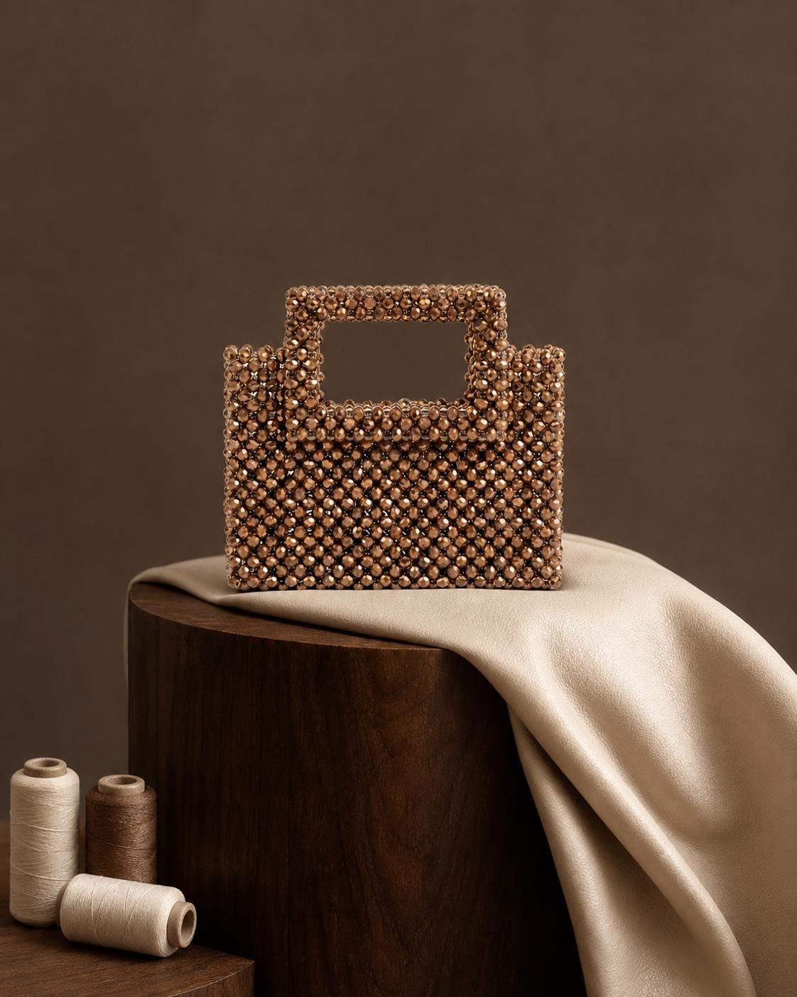 Brown Crystal Beaded Evening Handbag: Structured Statement Purse for Weddings & Parties