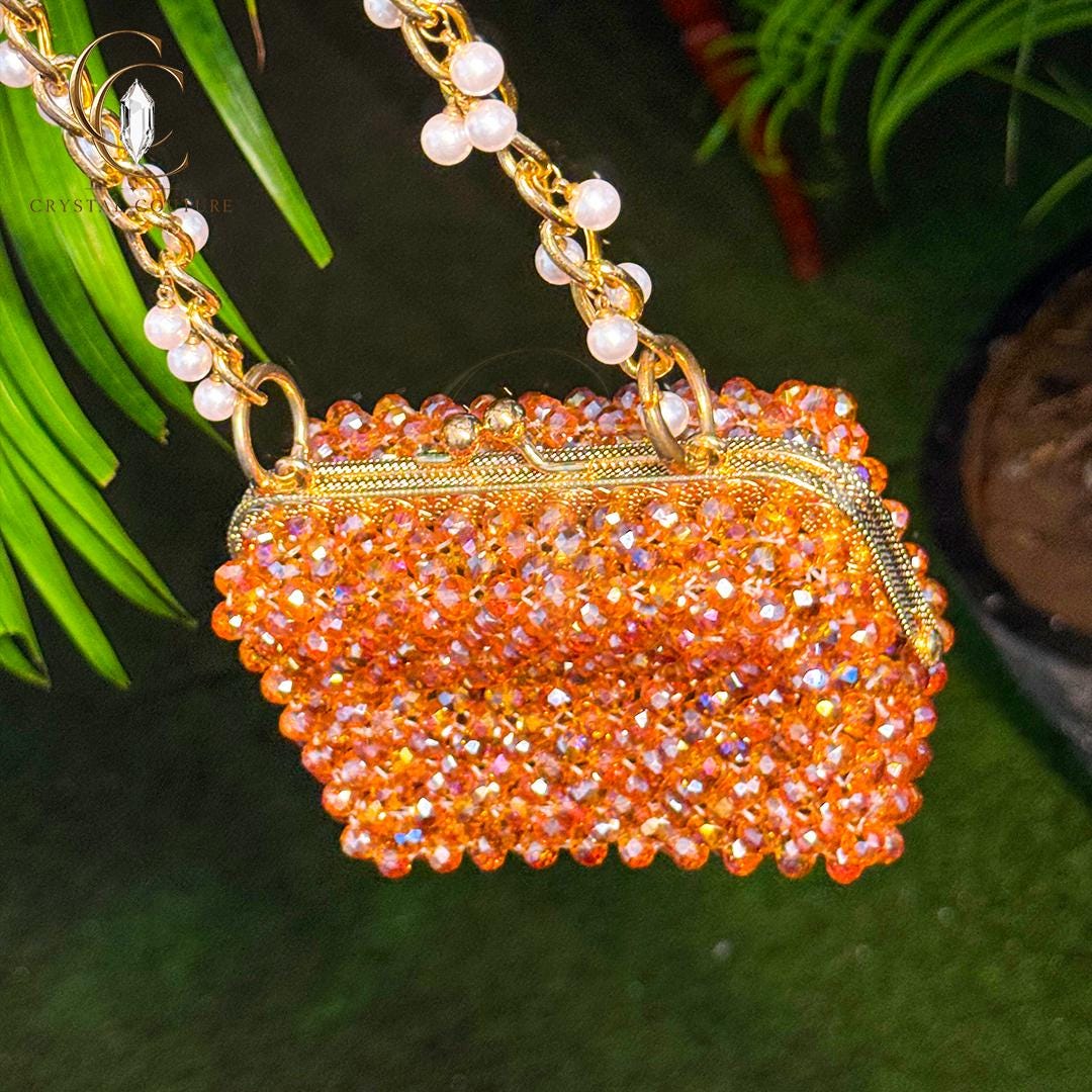 Glass Crystal Beaded Kiss Lock Clutch Pearl Chain Evening Wedding Party Handbag