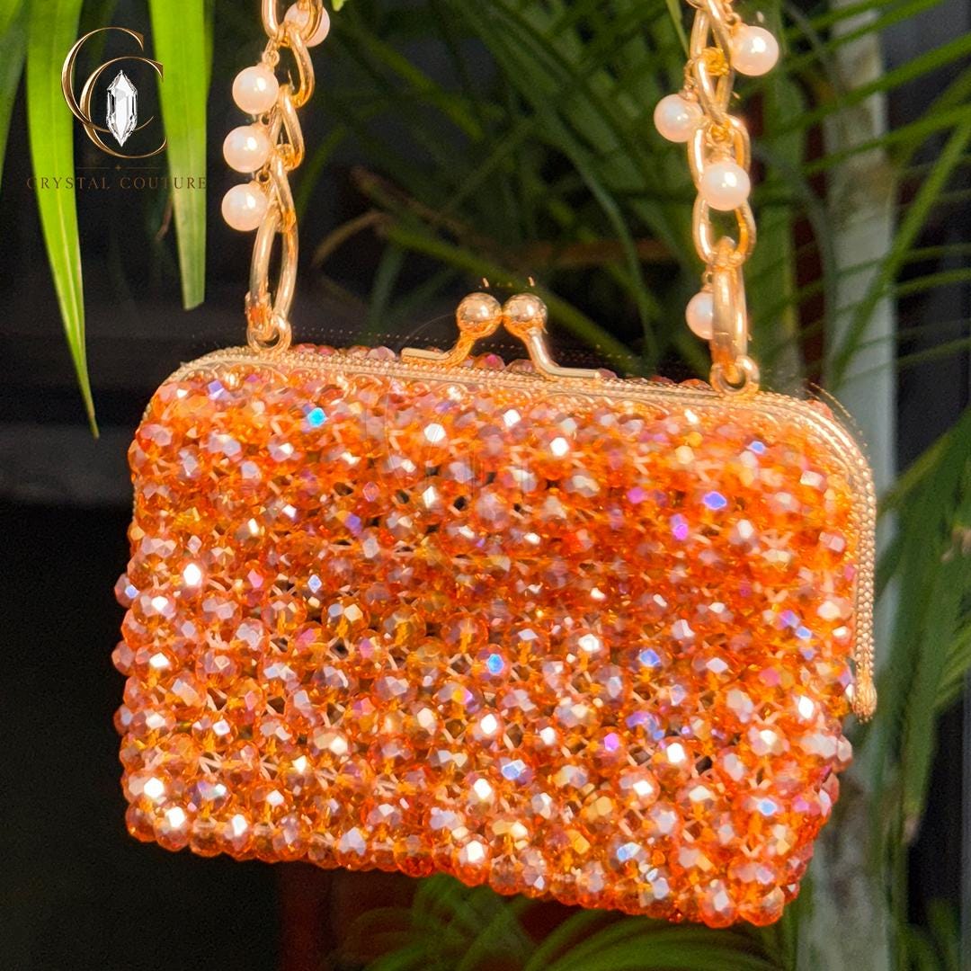 Glass Crystal Beaded Kiss Lock Clutch Pearl Chain Evening Wedding Party Handbag