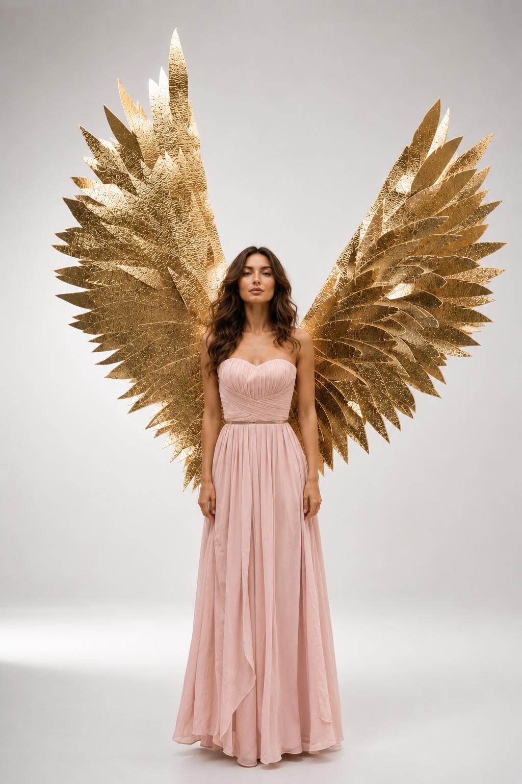 May include: A floor-length strapless pale pink gown with a pleated bodice and a flowing skirt, paired with large, textured gold-colored wings that extend outward from behind the shoulders, featuring intricate feather-like detailing throughout.