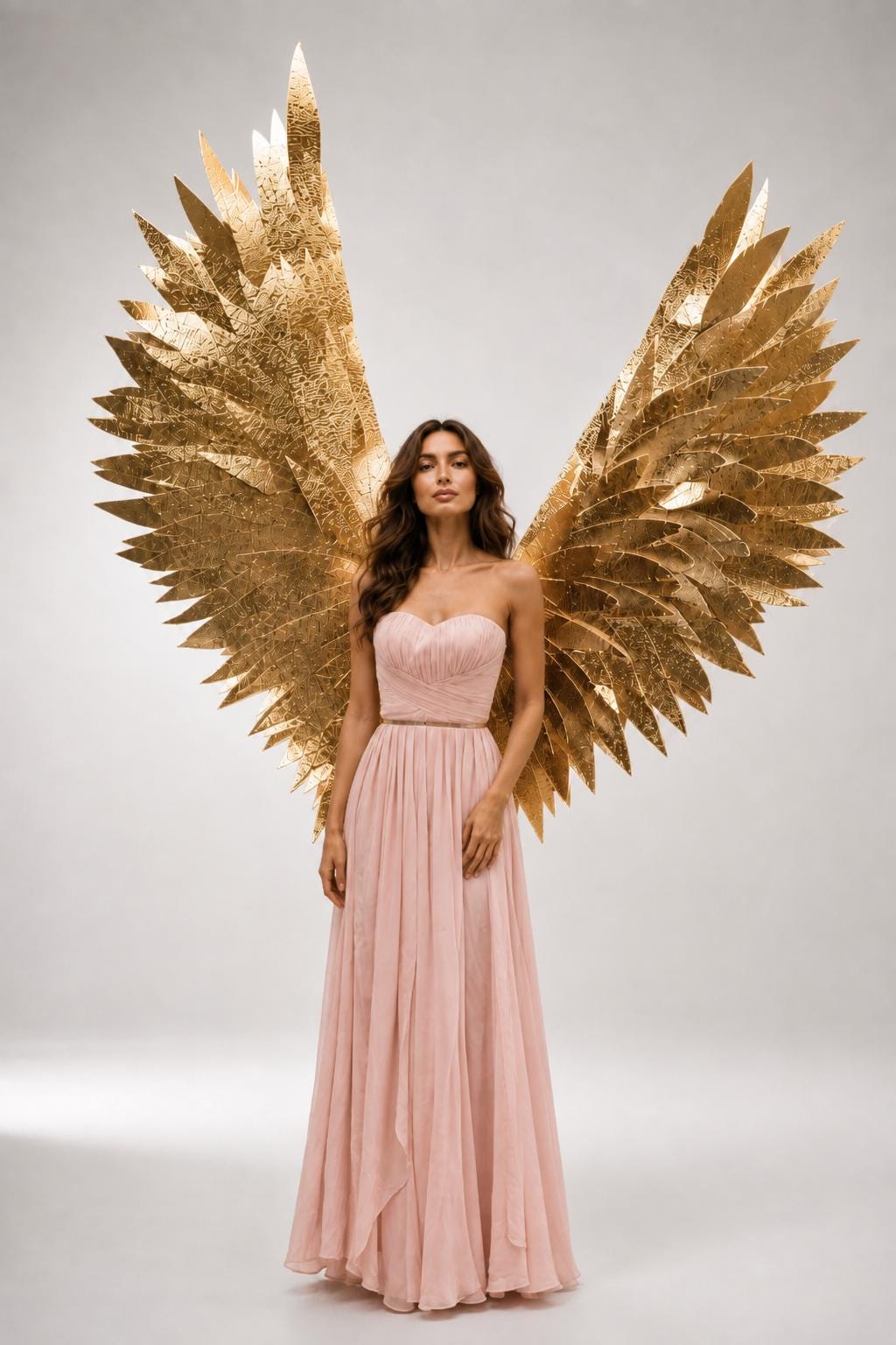 May include: A floor-length strapless pale pink gown with a pleated bodice and a flowing skirt, paired with large, textured metallic gold wings that extend outward from behind the shoulders, featuring intricate feather-like detailing throughout.