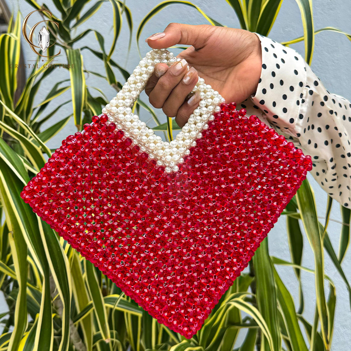 Red Glass Crystal Beaded Purse Pearl Handle Luxury Evening Handbag Wedding Party Bridal Accessory