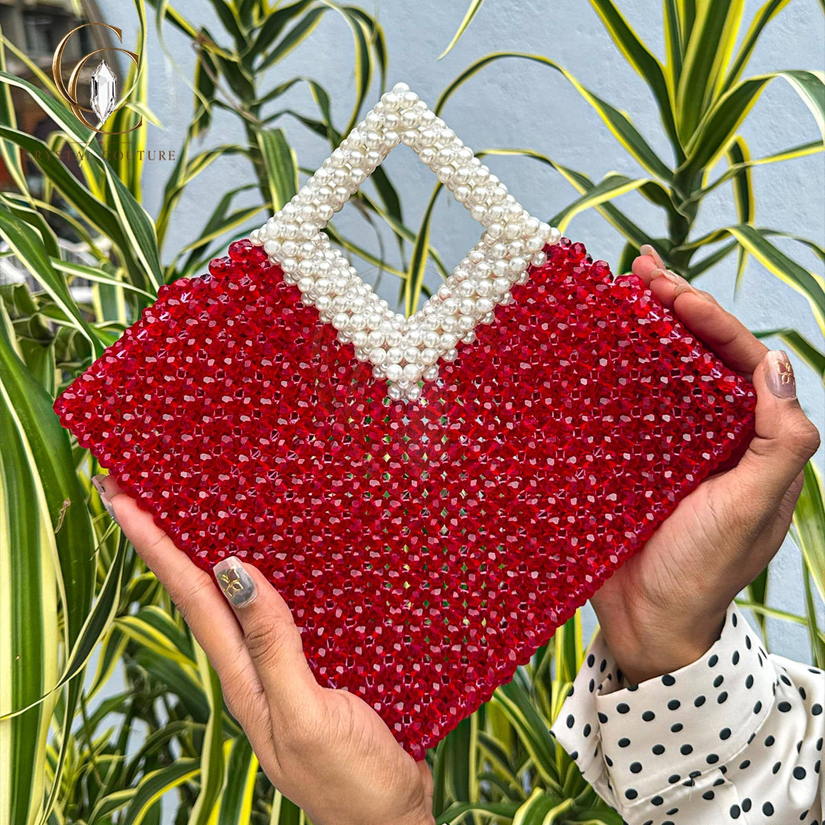 Red Glass Crystal Beaded Purse Pearl Handle Luxury Evening Handbag Wedding Party Bridal Accessory