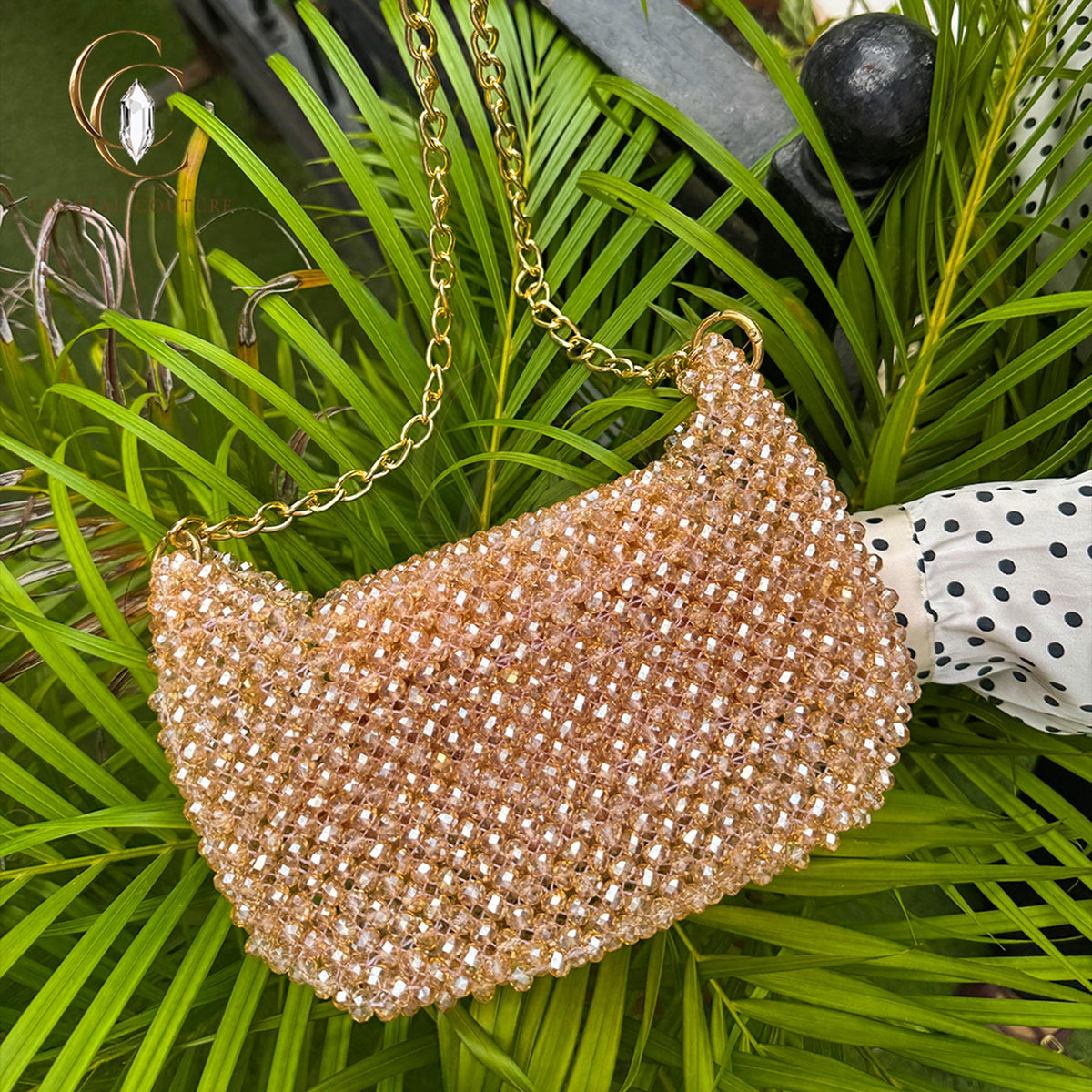 Faceted Glass Crystal Beaded Shoulder Bag: Champagne Gold Evening Purse, Wedding Sling Handbag