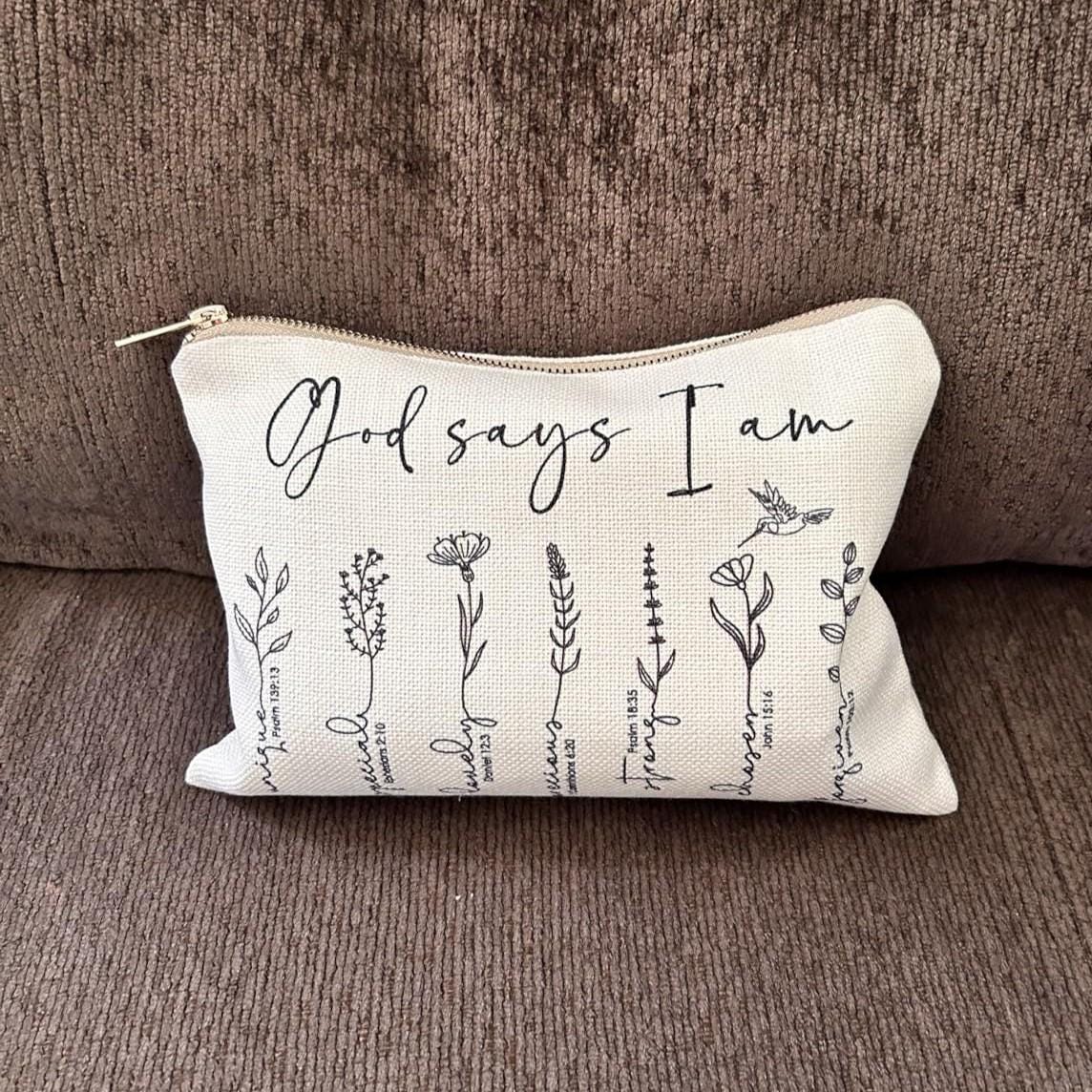 Personalized God Says You Are Makeup Bag, Customized Bible Verse God Says I Am Cosmetic Pouch, Women Scripture Gift, Christian Travel Bag