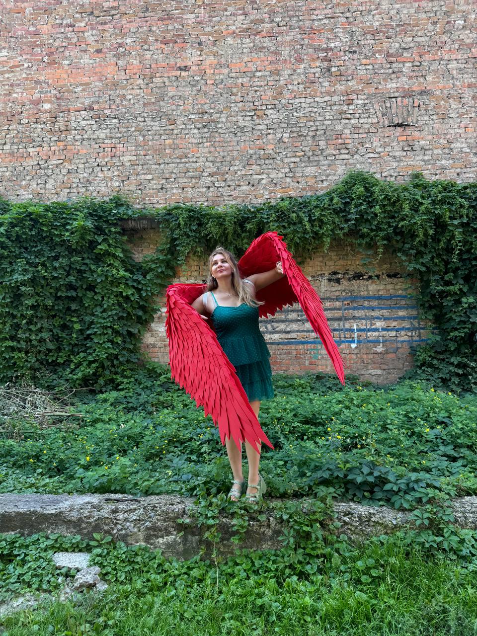 May include: A pair of large, vibrant red feathered wings attached to a dark green, tiered sleeveless dress. The wings feature a layered, pointed design that extends outward, while the dress has a fitted bodice and a multi-layered skirt.