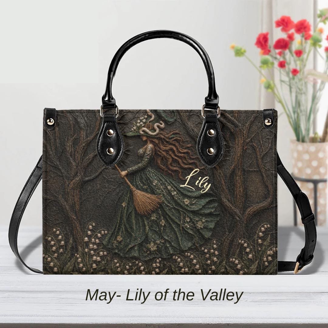 Personalized Birth Flower Witch Handbag, Custom Name Gothic Leather Purse, Halloween Gift for Women