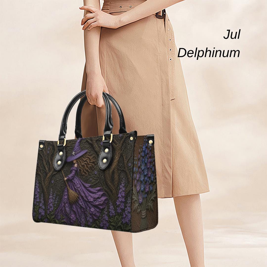 Personalized Birth Flower Witch Handbag, Custom Name Gothic Leather Purse, Halloween Gift for Women