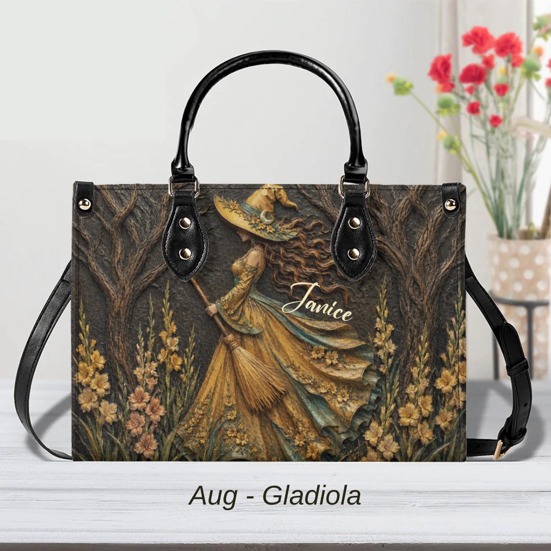 Personalized Birth Flower Witch Handbag, Custom Name Gothic Leather Purse, Halloween Gift for Women