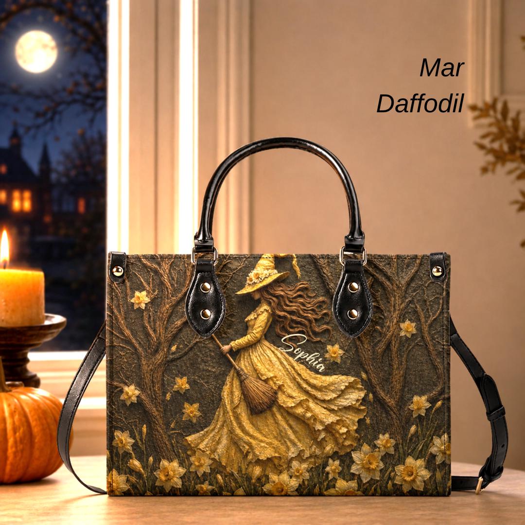 Personalized Birth Flower Witch Handbag, Custom Name Gothic Leather Purse, Halloween Gift for Women
