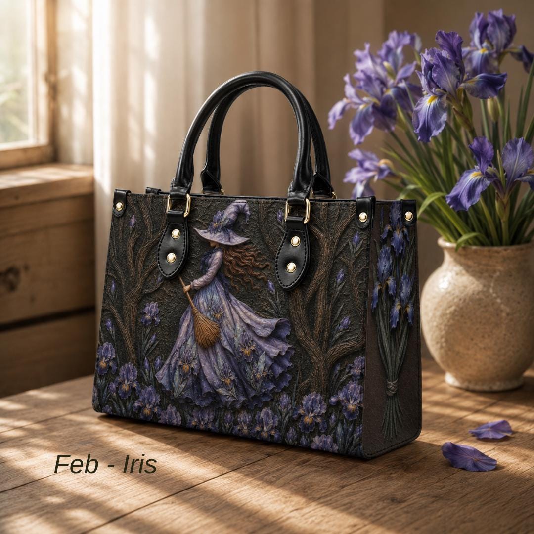 Personalized Birth Flower Witch Handbag, Custom Name Gothic Leather Purse, Halloween Gift for Women