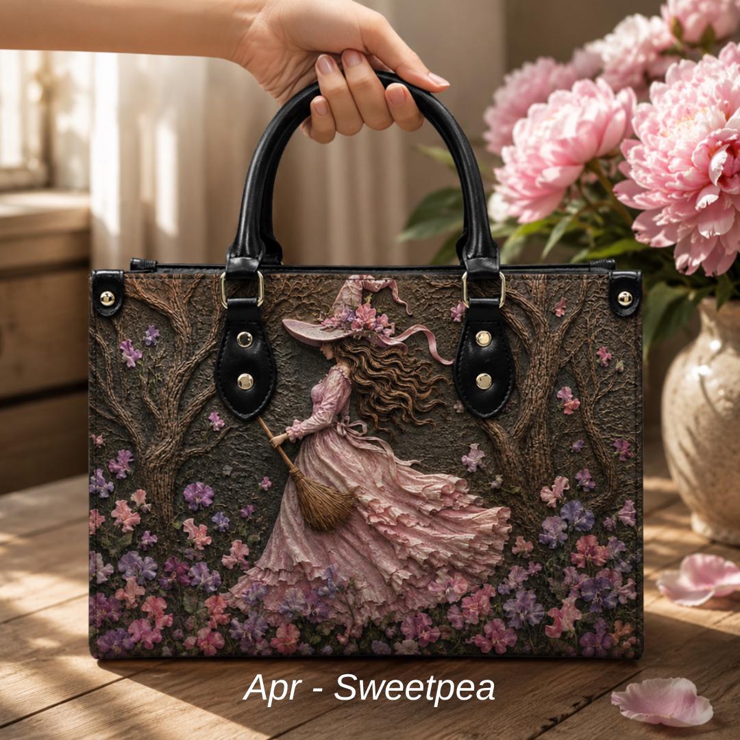 Personalized Birth Flower Witch Handbag, Custom Name Gothic Leather Purse, Halloween Gift for Women