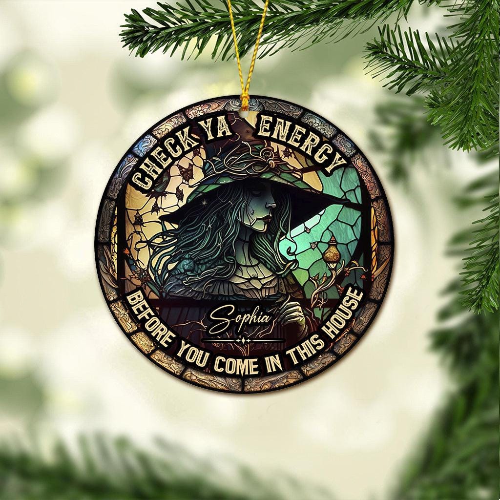Personalized Witch Ornament, Check Ya Energy Sign, Custom Name Witchy Decor, Gothic Halloween Gift