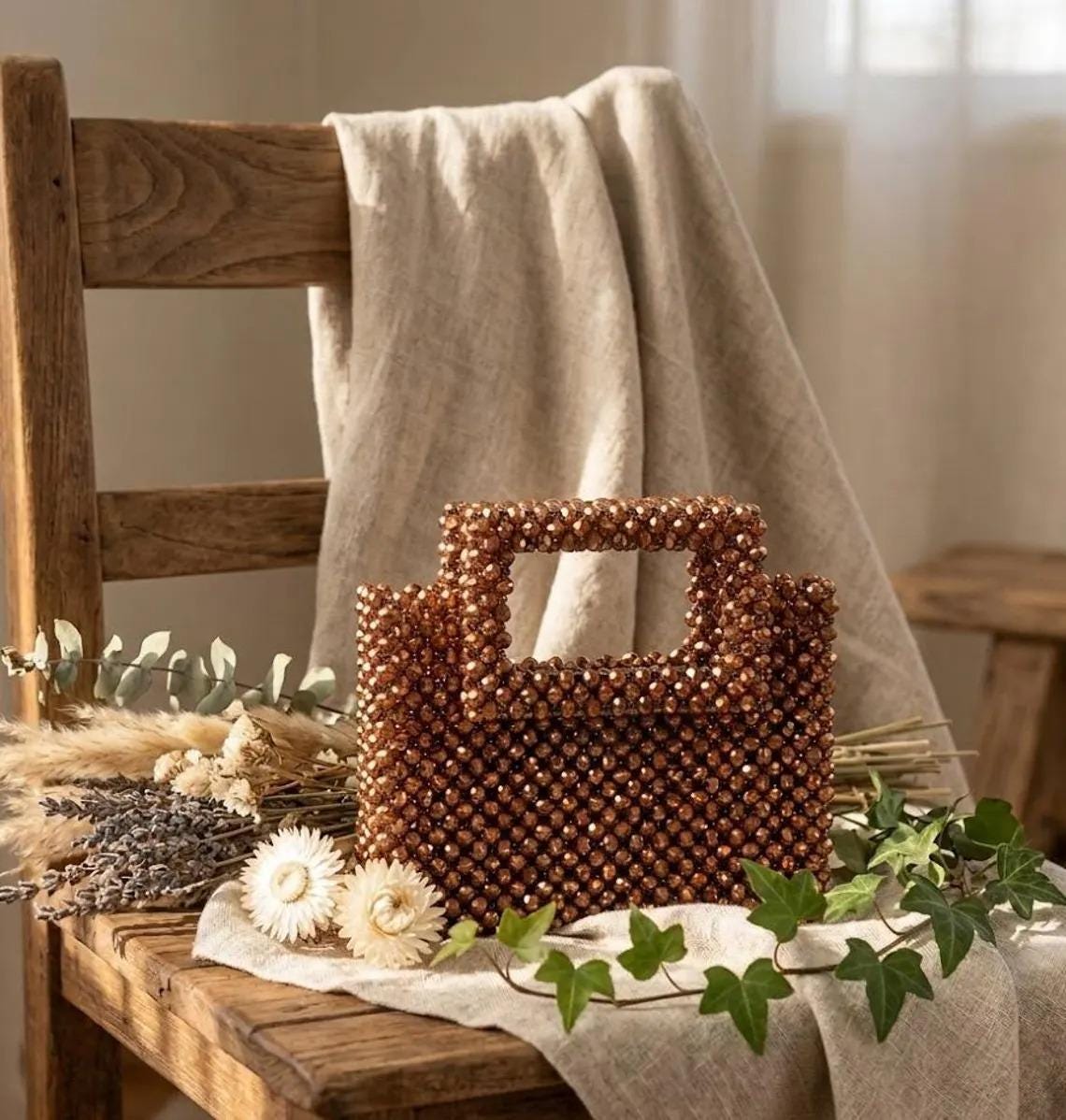 Brown Crystal Beaded Evening Handbag: Structured Statement Purse for Weddings & Parties