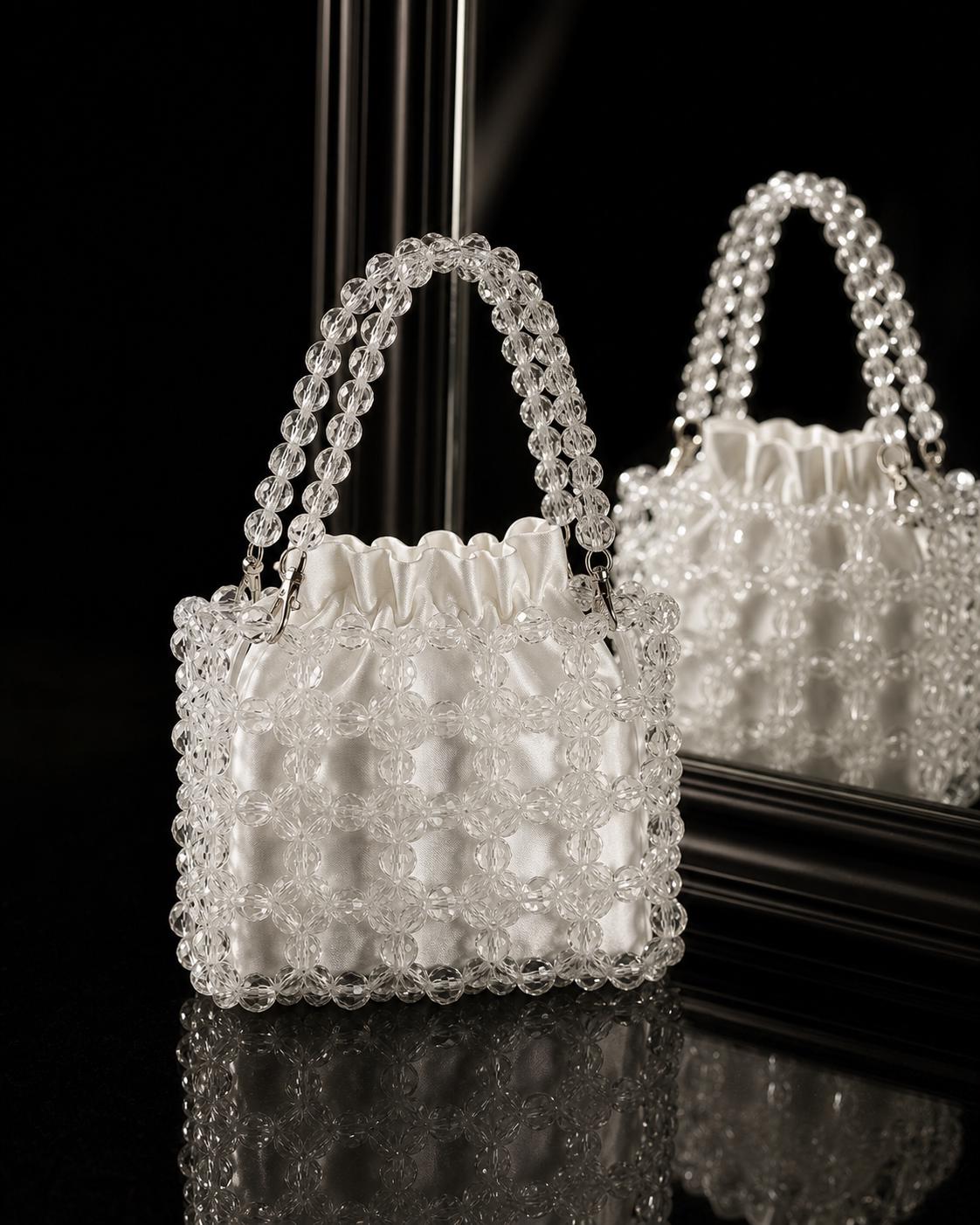 Luxury Clear Glass Crystal Beaded Bucket Bag White Satin Lined Evening Drawstring Handbag Bridal