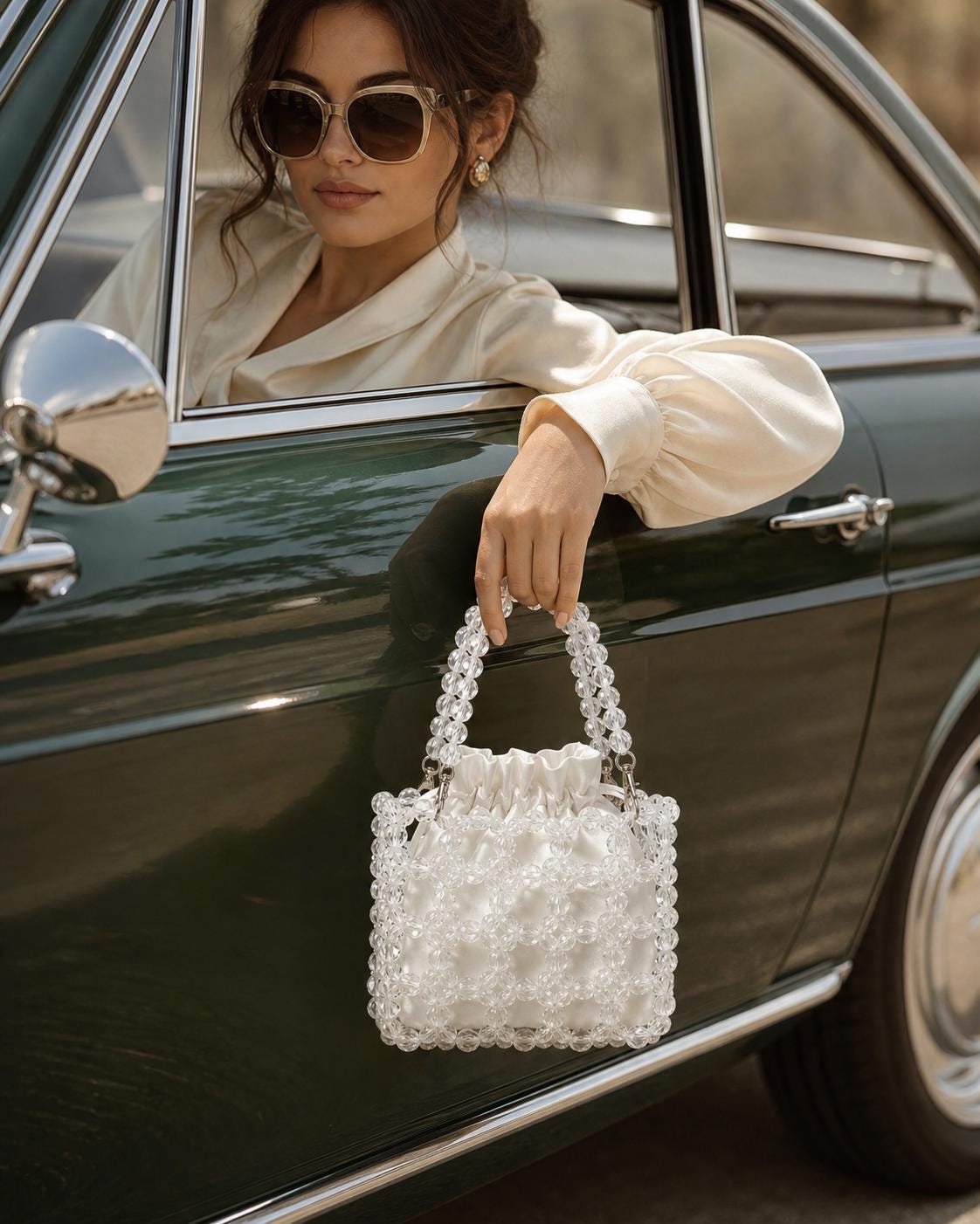 Luxury Clear Glass Crystal Beaded Bucket Bag White Satin Lined Evening Drawstring Handbag Bridal