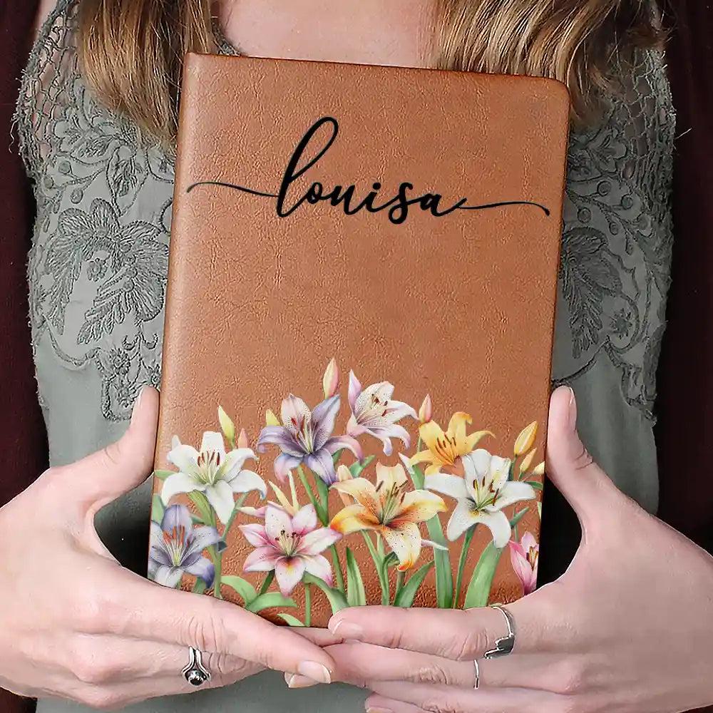 Personalized Birth Flower Leather Journal, Custom Name Floral Notebook for Her, Wife, Daughter, Sister, Gratitude Journal, Christmas Gift
