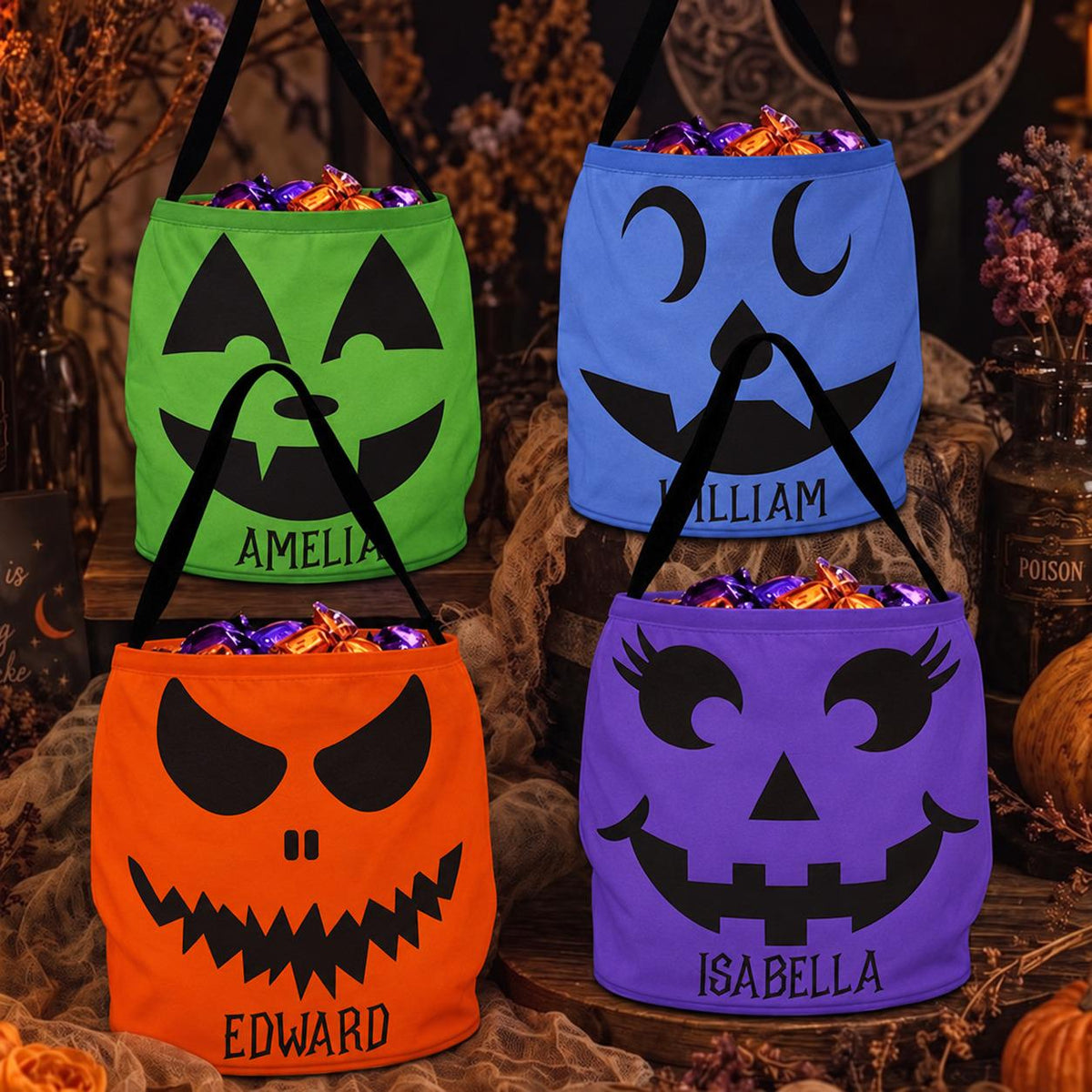 Personalized Trick or Treat Bag, Halloween Ghost Candy Bucket, Custom Name Halloween Basket, Pumpkin Face Treat Bag, Kids Halloween Gift