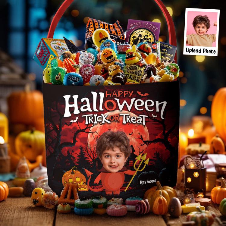 Custom Photo Halloween Basket, Personalized Trick or Treat Bag for Kids, Halloween Candy Tote, Spooky Party Gift