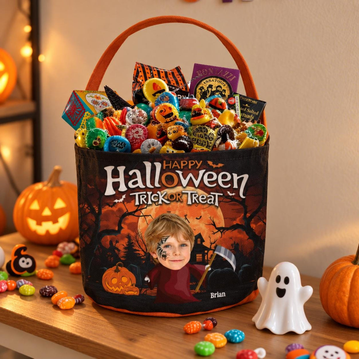 Custom Photo Halloween Basket, Personalized Trick or Treat Bag for Kids, Halloween Candy Tote, Spooky Party Gift