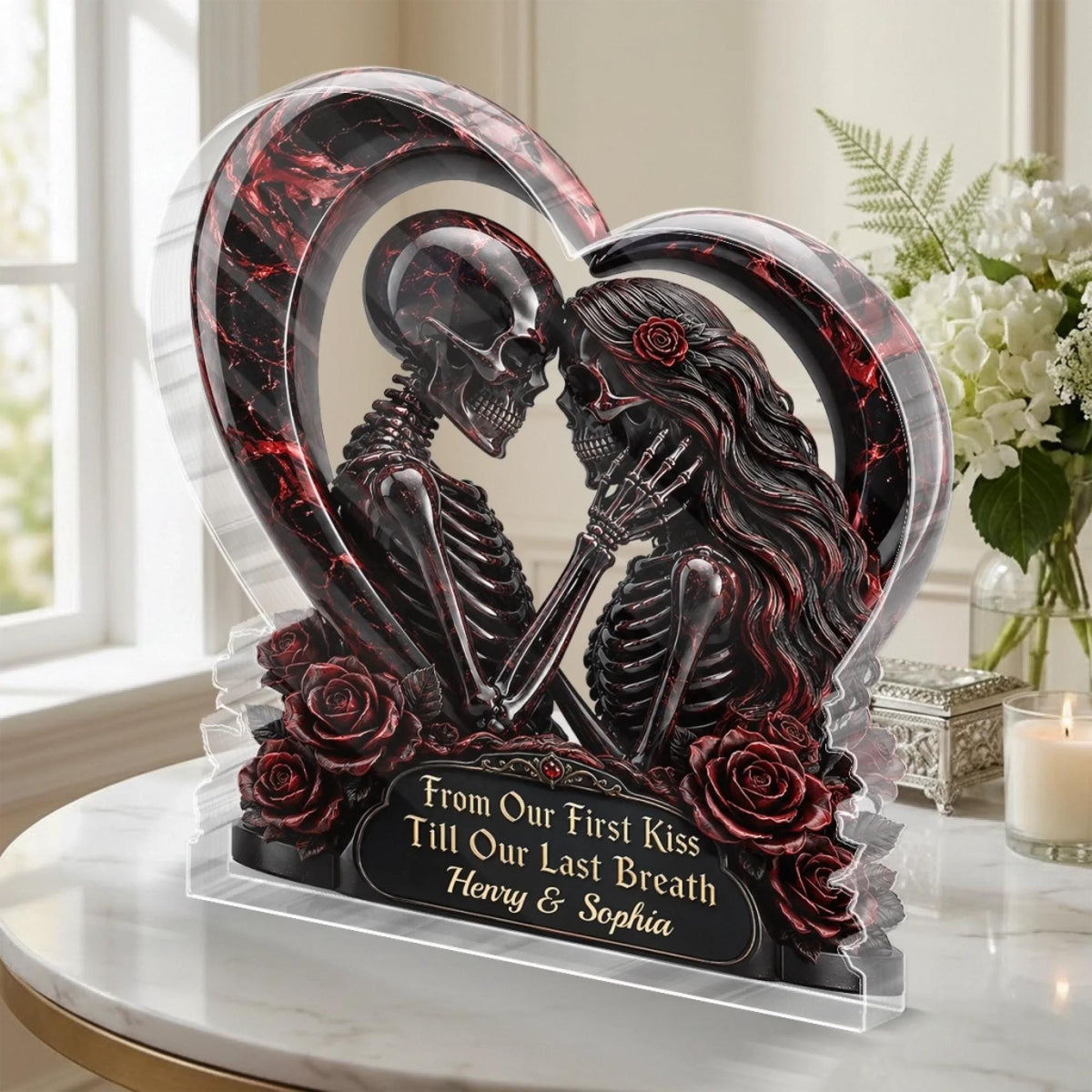 Personalized Gothic Skeleton Acrylic Plaque, Halloween Couple Decor, Dark Love Anniversary Gift, Wedding Gift for Couples