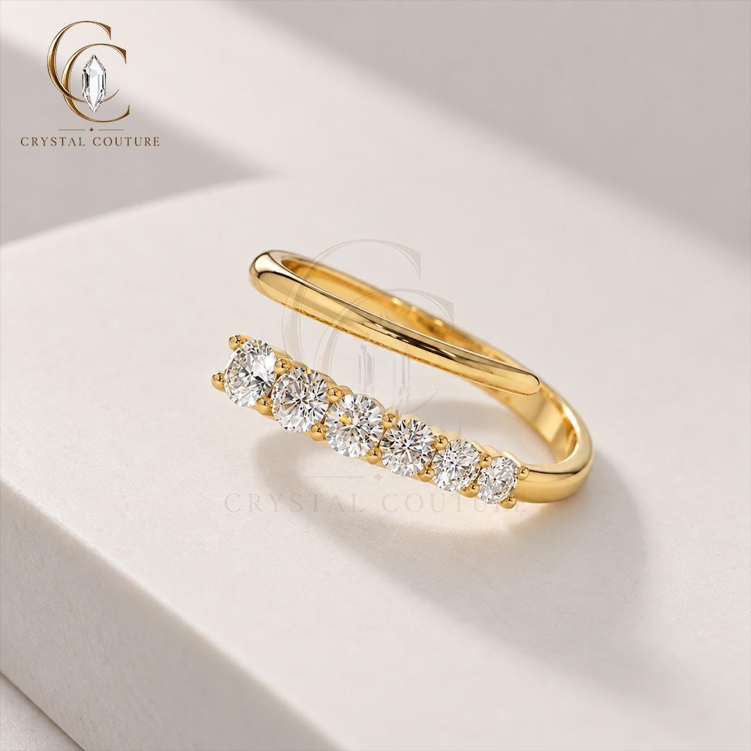 Open Bypass Ring: Lab Grown Diamond or Moissanite, Solid Gold, Sterling Silver