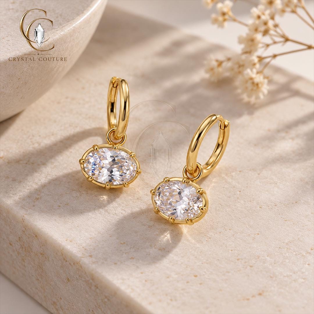Gold Oval Drop Earrings Solid Gold Sparkling Stone Dangle Jewelry Wedding Party Gift Women
