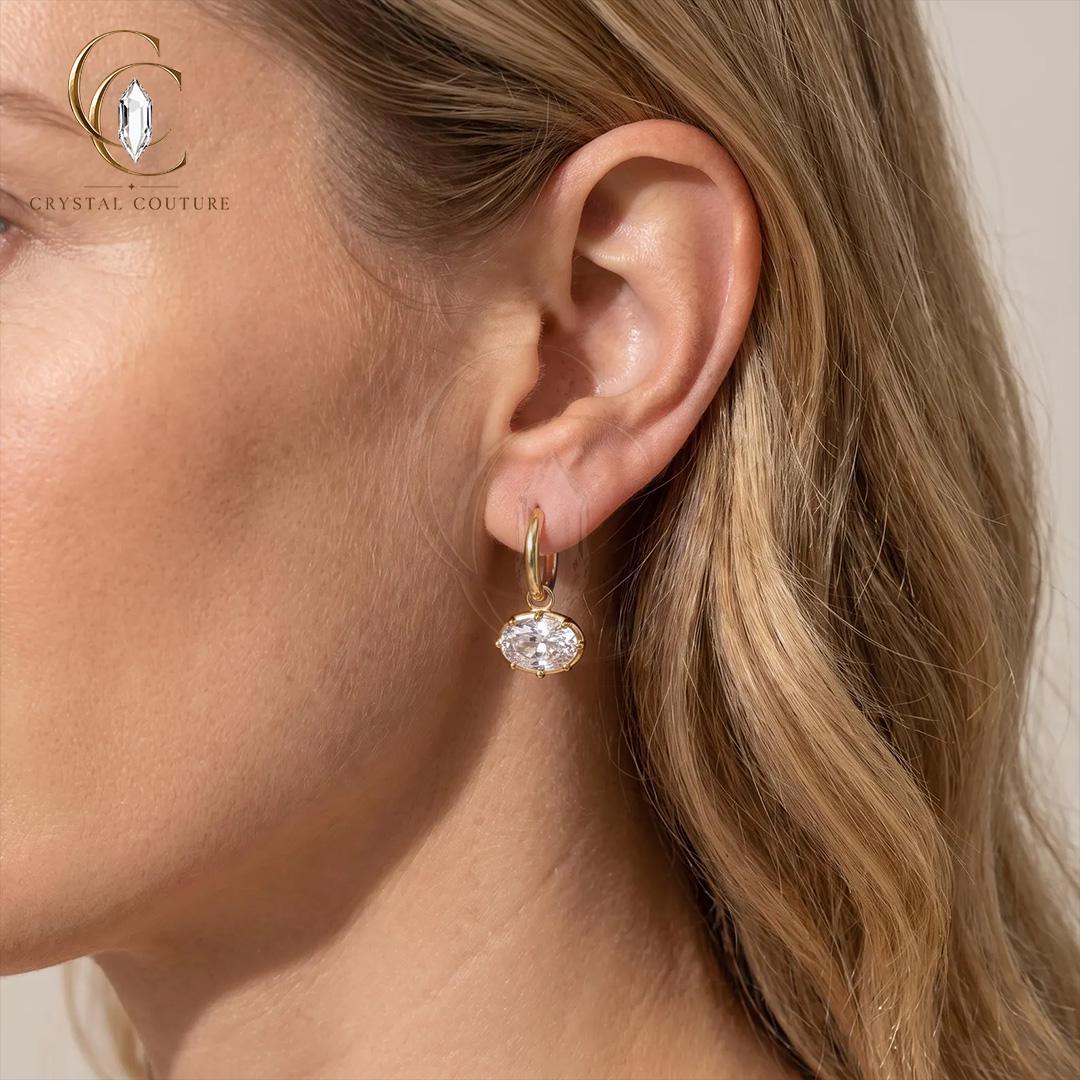 Gold Oval Drop Earrings Solid Gold Sparkling Stone Dangle Jewelry Wedding Party Gift Women