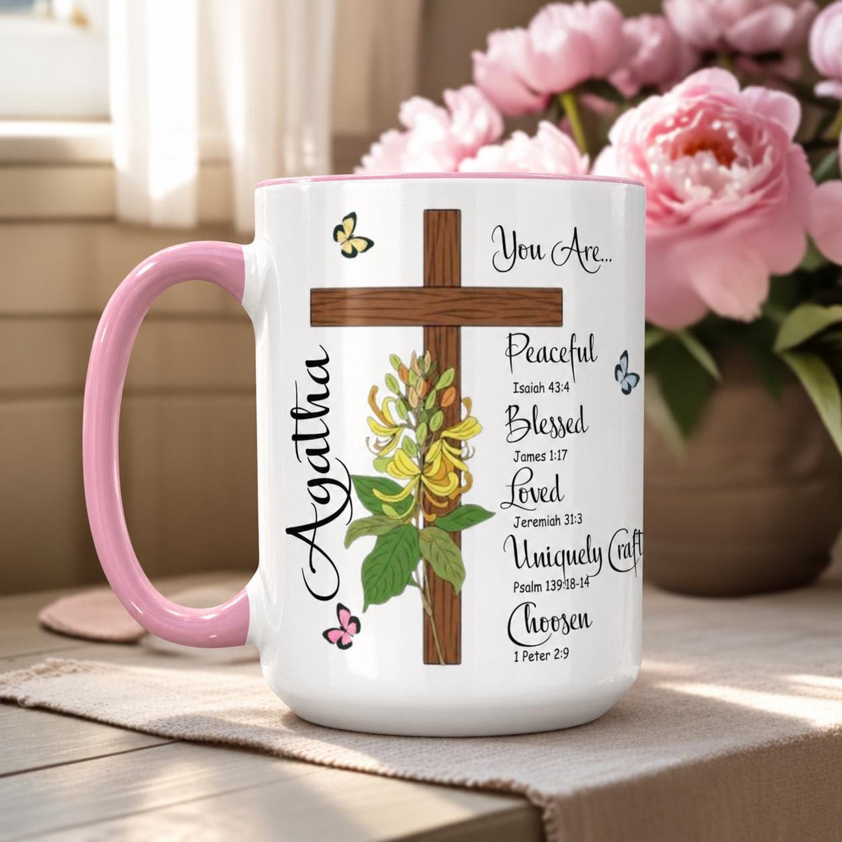 Personalized Christian Mug, Custom Name Birth Flower Cup, Bible Verse Gift, Faith Coffee Mug, Religious Gift for Her