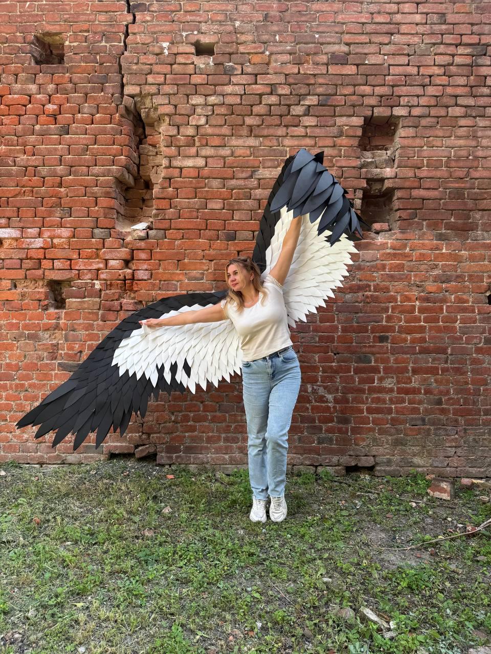 May include: Large decorative wings featuring layered black and white feathers. The wings are wide and span horizontally, with dark black feathers at the outer edges transitioning into bright white feathers toward the center, creating a high-contrast look.