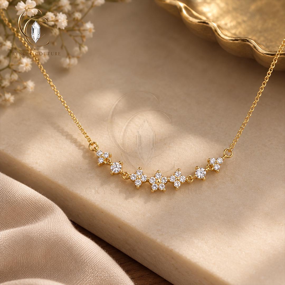 Floral Cluster Necklace Lab Grown Diamond Moissanite Solid Gold Pendant Bridal Wedding Jewelry Gift
