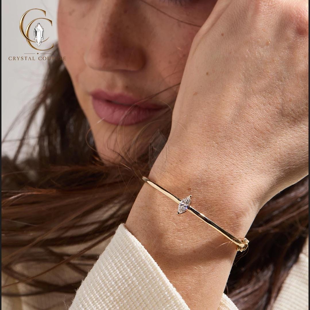 Solid Gold Open Bangle Lab Grown Diamond Floral Bracelet Wedding Jewelry Bridal Gift Women