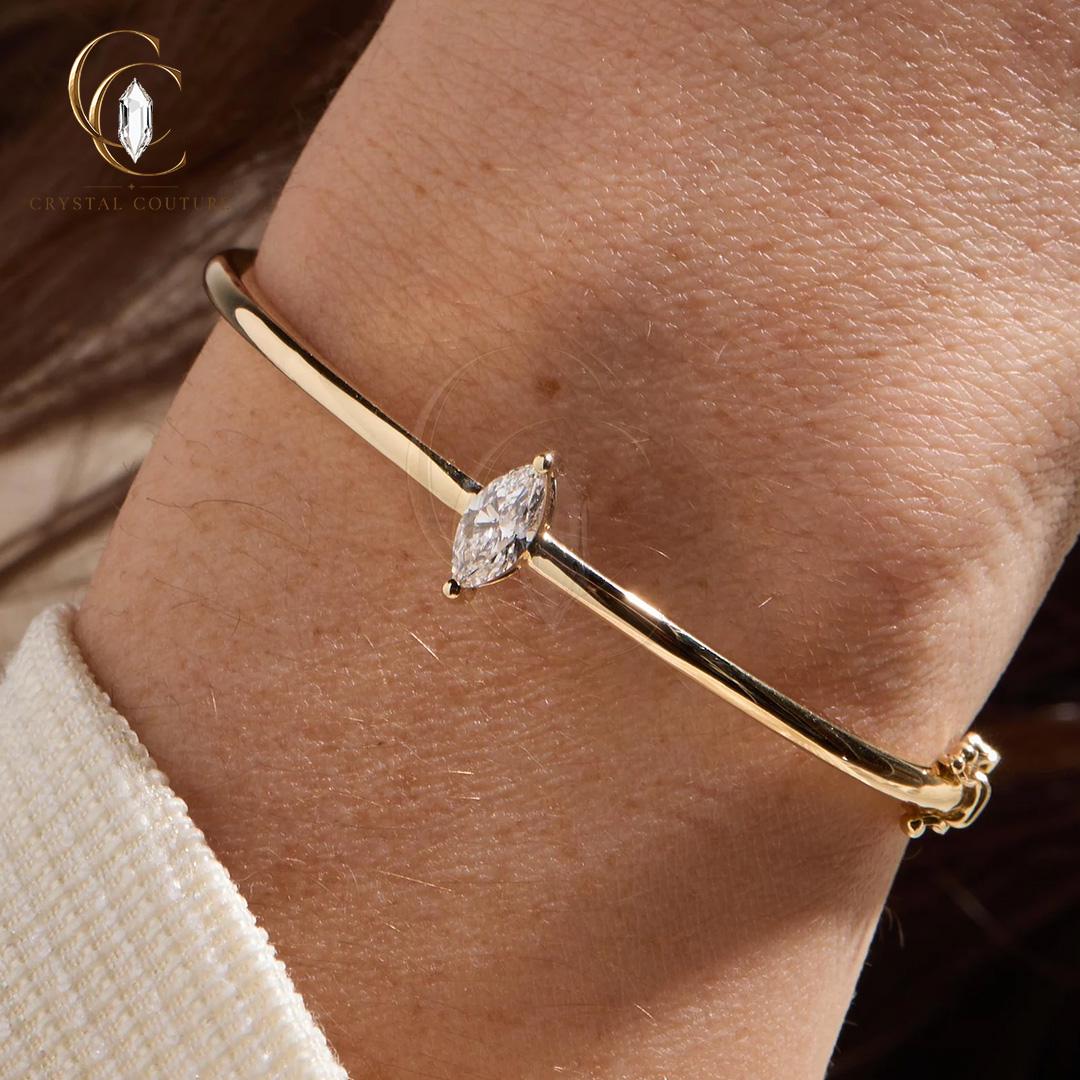 Solid Gold Open Bangle Lab Grown Diamond Floral Bracelet Wedding Jewelry Bridal Gift Women