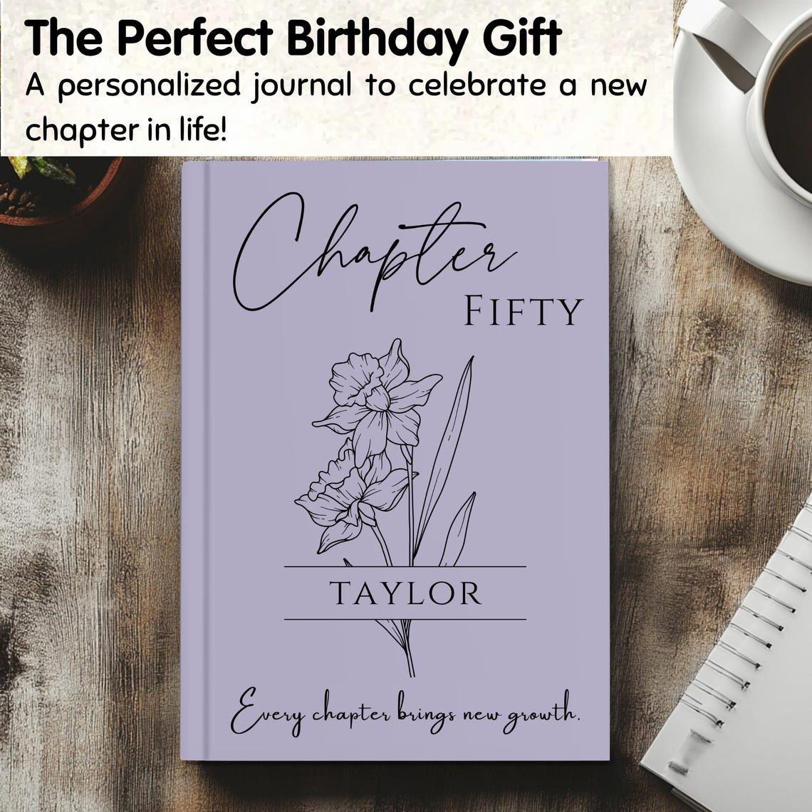 Personalized Birthday Flower Journal, Custom Age Chapter Notebook, Birth Month Flower Gratitude Journal, Name Gift for Her,